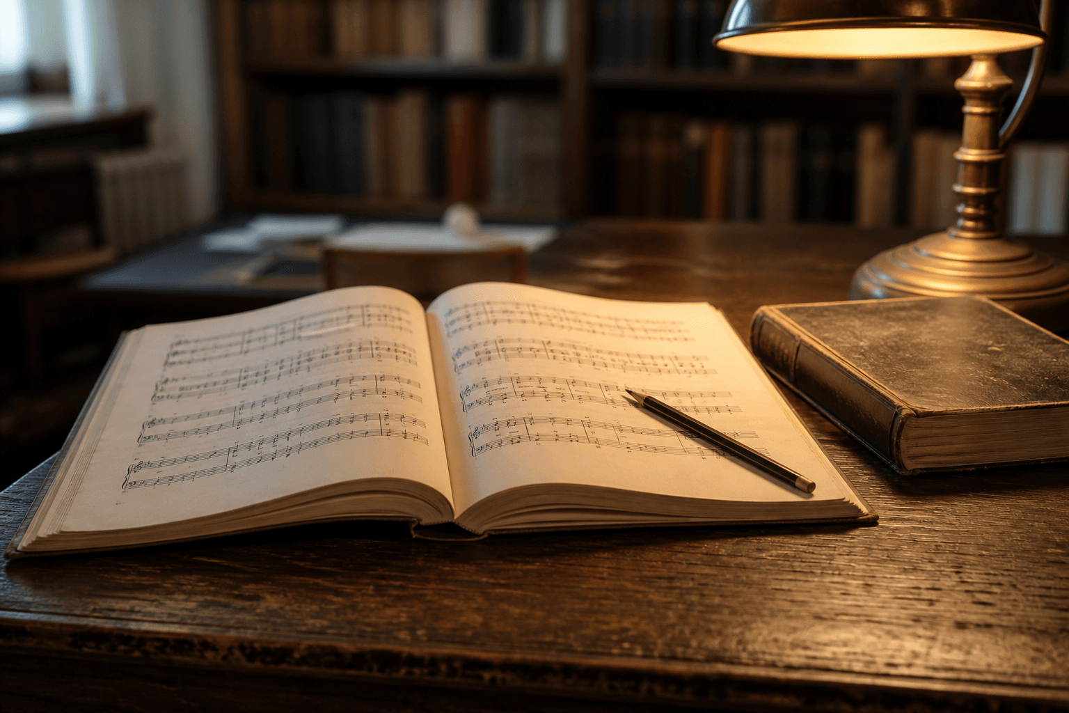 Noten und Bücher auf einem Holztisch