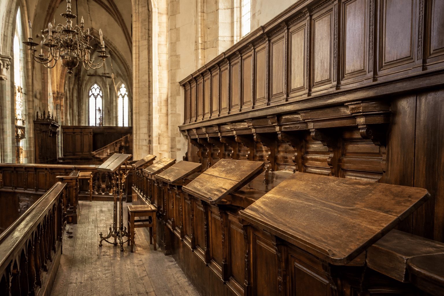 Historischer Kirchensaal mit Chorempore, warmes Licht auf alten Notenpulten