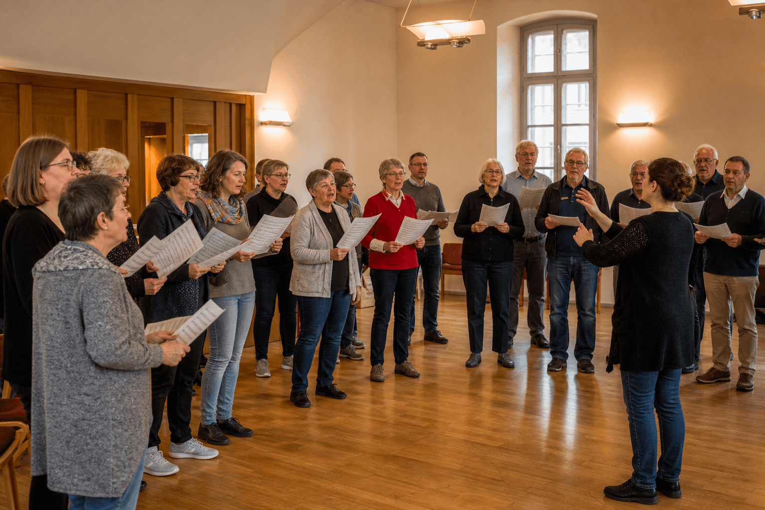 Chor steht im Halbkreis, Chorleitung gibt mit der Hand den Einsatz zum Einsingen